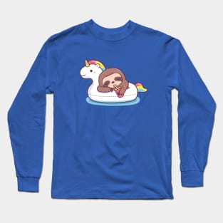 Cute Sloth Chilling On Unicorn Pool Float Long Sleeve T-Shirt